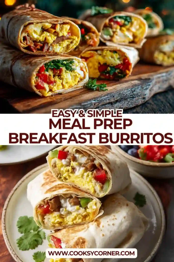 Freezer friendly breakfast burritos stacked with fluffy eggs, vegetables, and melted cheese in soft tortillas.