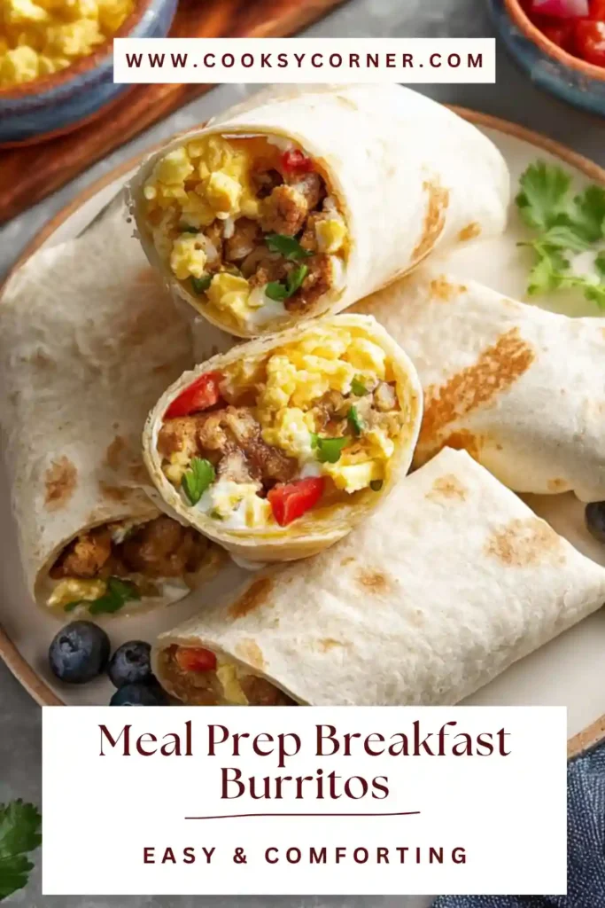 Meal prep breakfast burritos filled with eggs, sausage, and tater tots wrapped and ready for freezing. A perfect make ahead breakfast option.