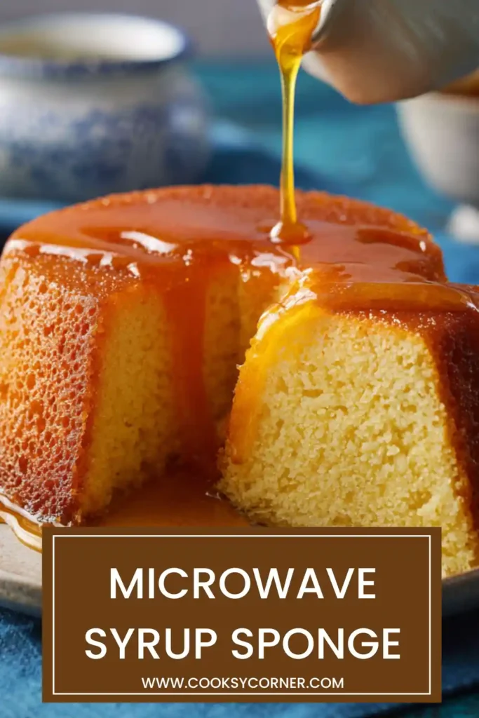 A homemade microwave syrup sponge turned out onto a plate, topped with syrup and served with creamy custard.