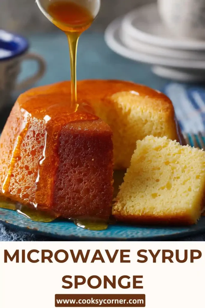 Freshly cooked microwave syrup sponge in a bowl, showing a soft and airy crumb with glossy syrup topping. Perfect quick dessert presentation.