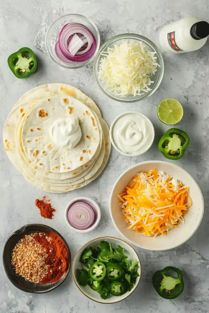 Mini chicken quesadillas sliced and served with crema dip on a platter.