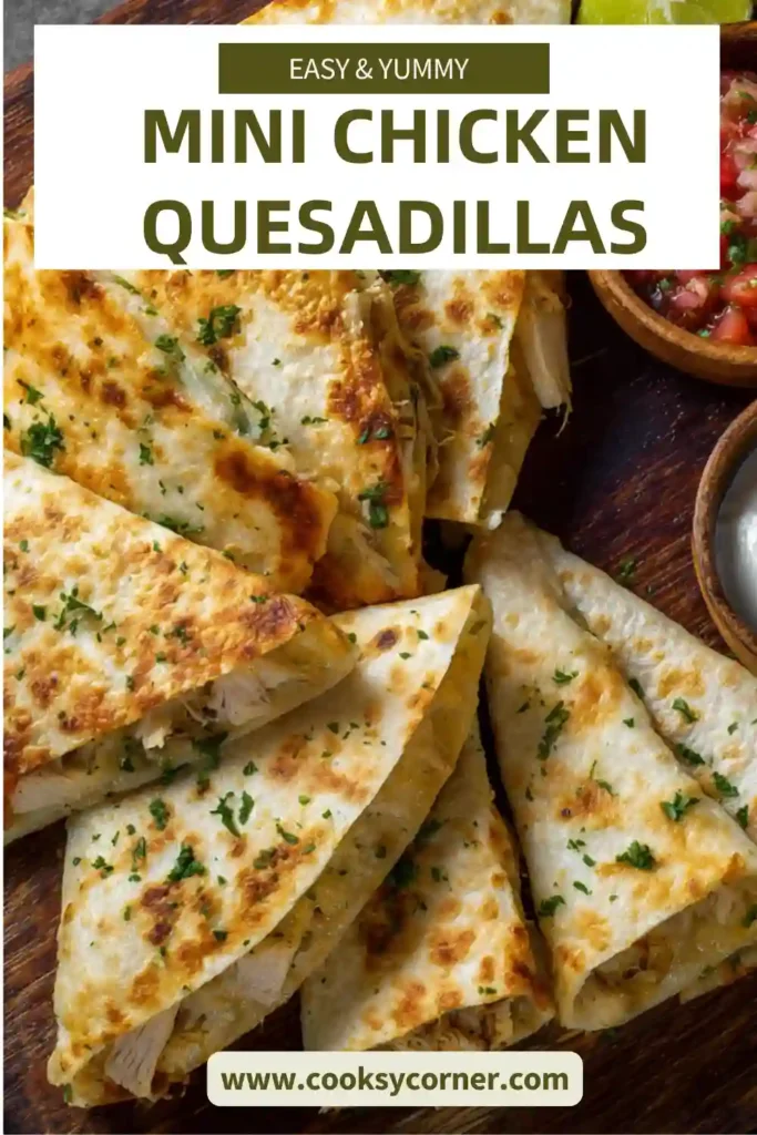 Close-up of mini chicken quesadillas with dipping sauce and lime wedges.