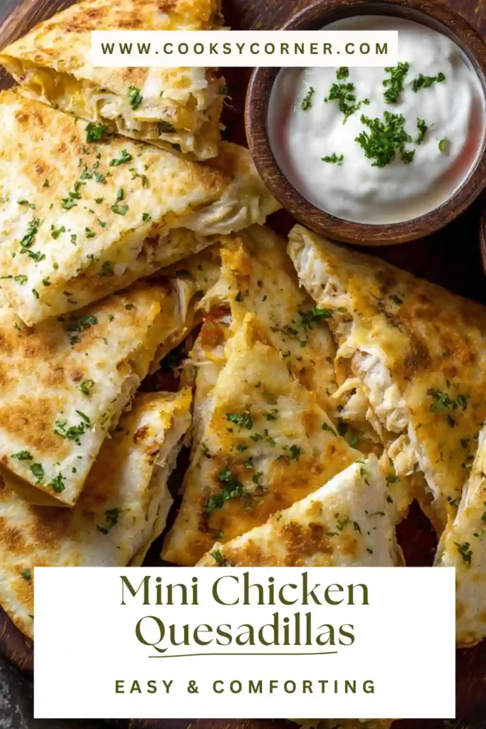 Bite-sized quesadillas filled with creamy chicken mixture and spices.