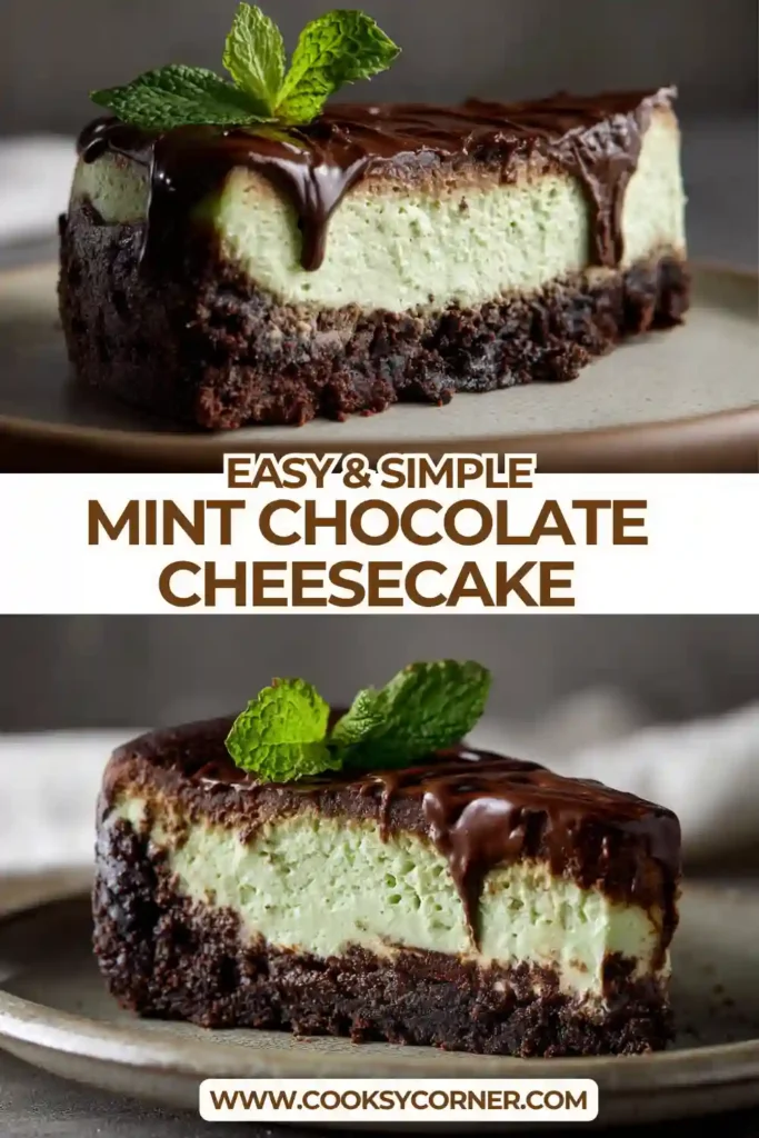 Slice of peppermint cheesecake with chocolate drizzle and creamy texture.