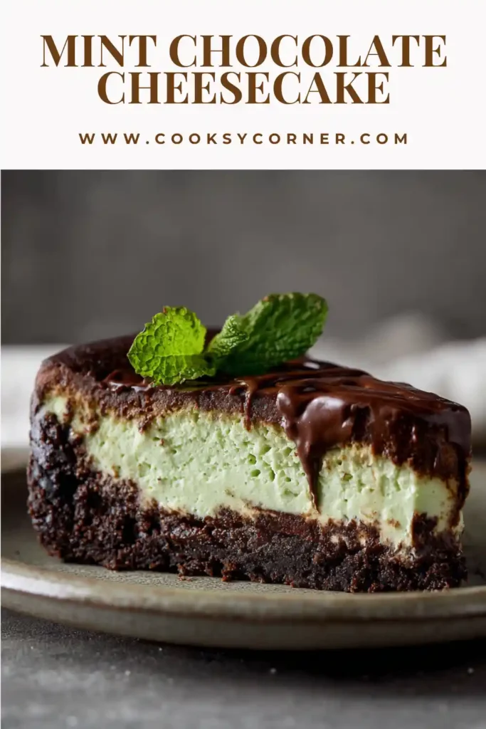 Mint chocolate cheesecake with Oreo crust and glossy fudge topping.