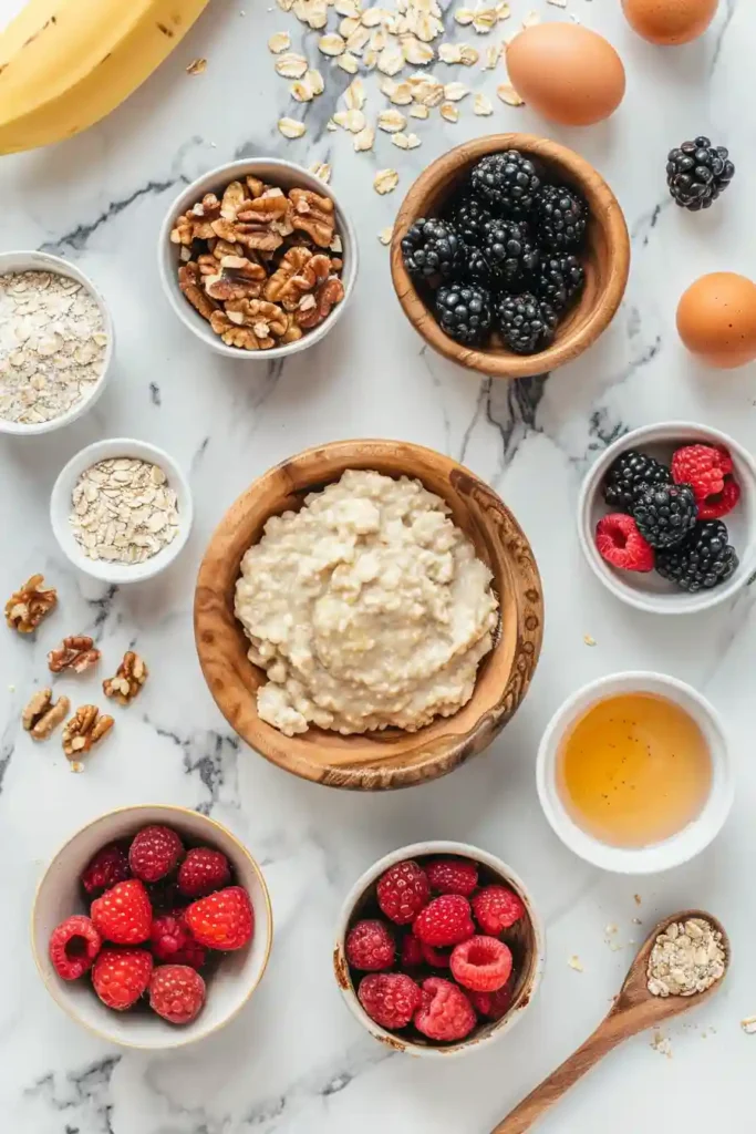 Close-up of moist baked oatmeal muffins made with bananas and mixed berries, showing their soft texture and golden tops.
