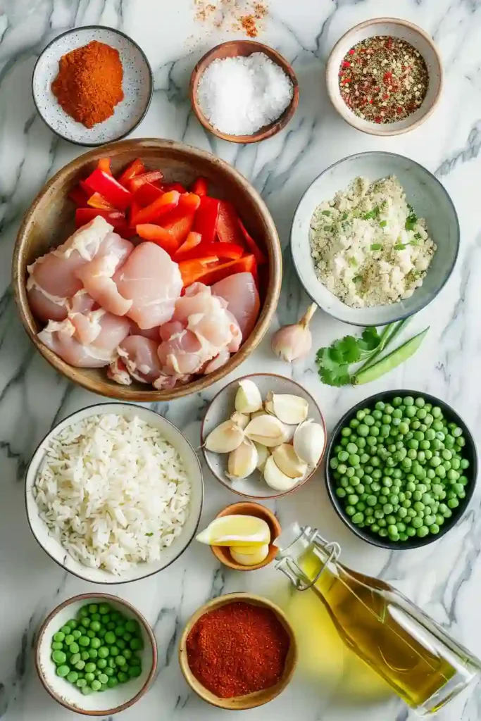 Homemade chicken and rice with bold spices and fresh garnish.