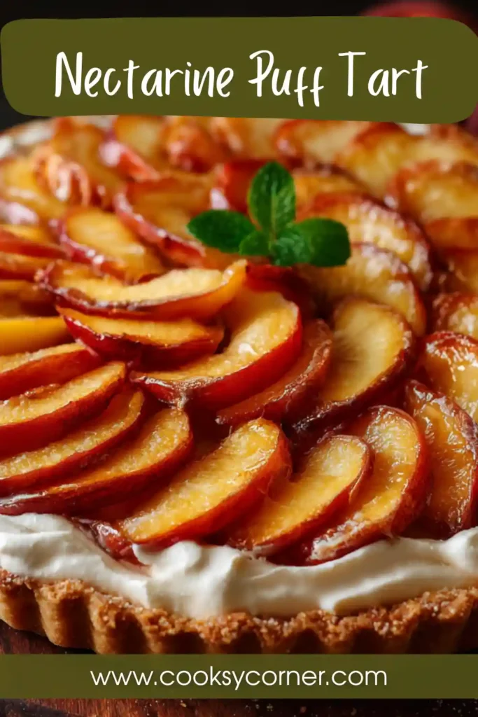 A golden nectarine puff tart with flaky pastry topped with fresh slices and cinnamon cream on the side. The dessert looks crisp, warm, and freshly baked.