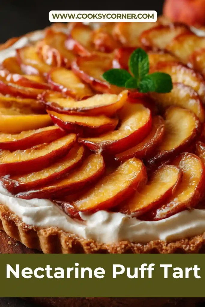 Close-up of a nectarine puff pastry tart with caramelized fruit and a dusting of lime zest. Served with whipped cinnamon cream.
