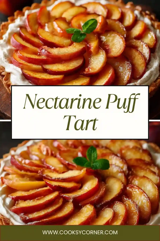 Rustic nectarine tart on puff pastry with golden edges and glossy fruit topping. A creamy cinnamon sauce sits beside it.