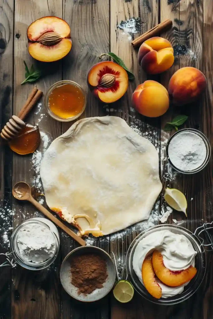 Overhead view of a sliced nectarine puff tart garnished with edible flowers and served with soft whipped cream.