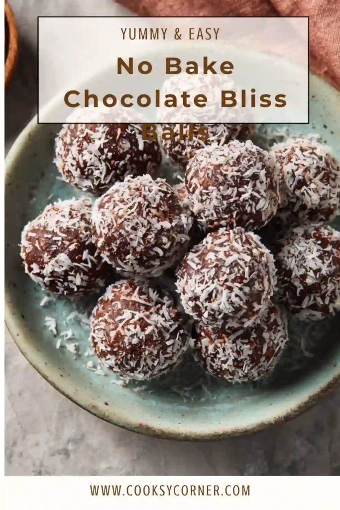 Healthy chocolate energy balls coated with coconut on a plate.