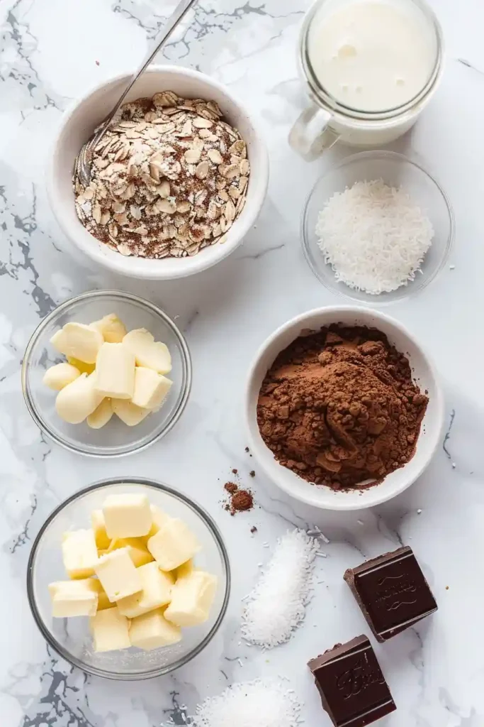 Homemade chocolate no bake cookies arranged neatly.