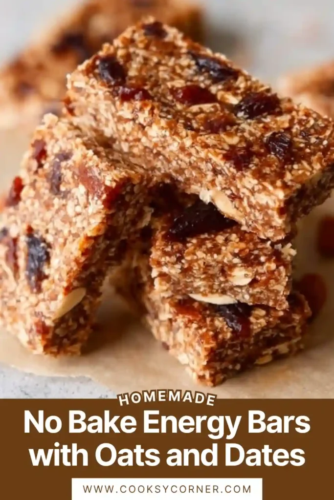 Healthy homemade energy bars with oats, dates, and peanut butter stacked neatly. A perfect no-bake snack for busy days.