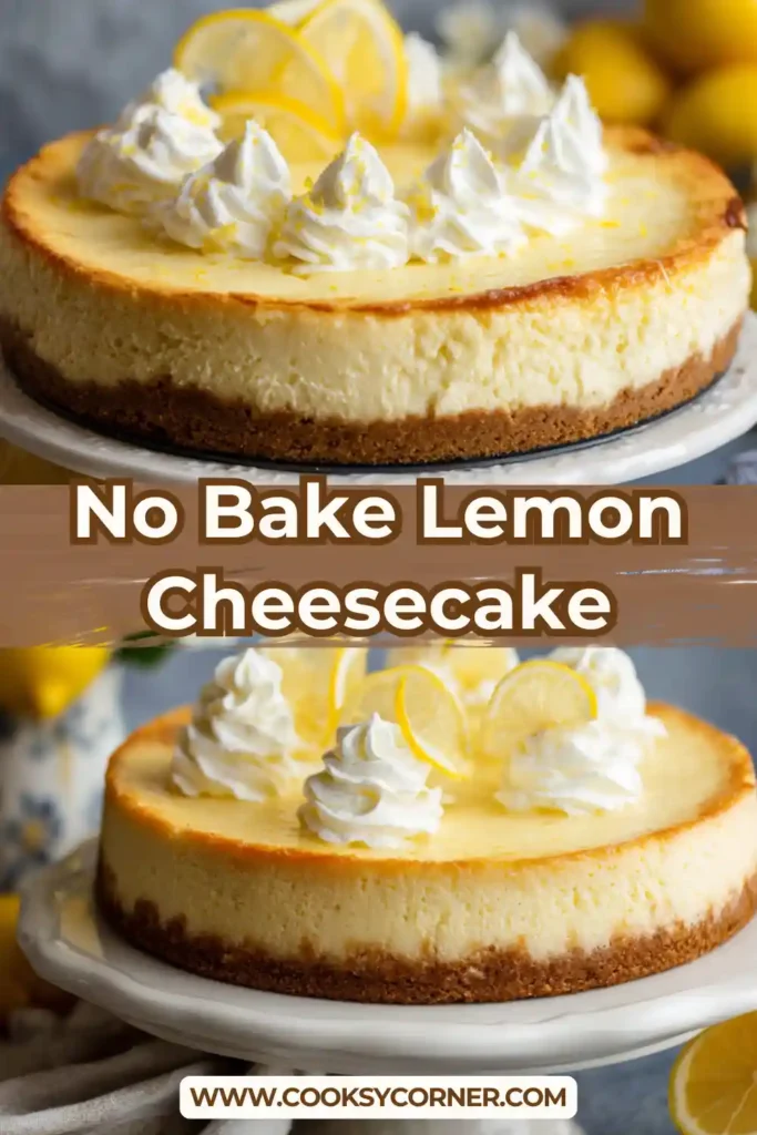 Homemade no bake lemon cheesecake served chilled with whipped cream topping.