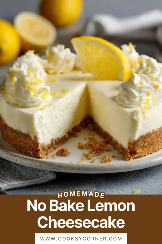 No bake lemon cheesecake with creamy filling and graham crust topped with lemon slices.