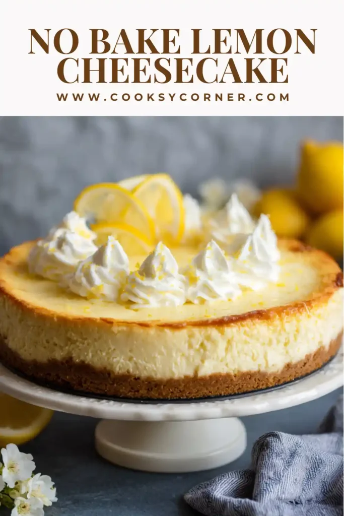 No bake lemon cheesecake with creamy filling and graham cracker crust topped with lemon zest.