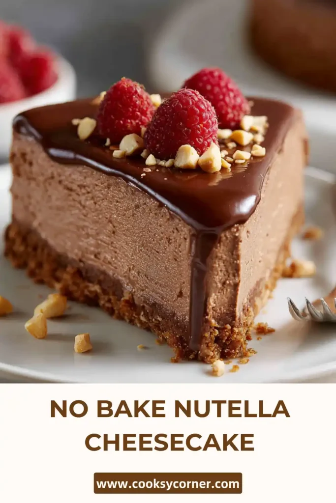 Whole Nutella cheesecake in a pan with a chocolate topping and nut garnish. No bake dessert with a smooth finish.