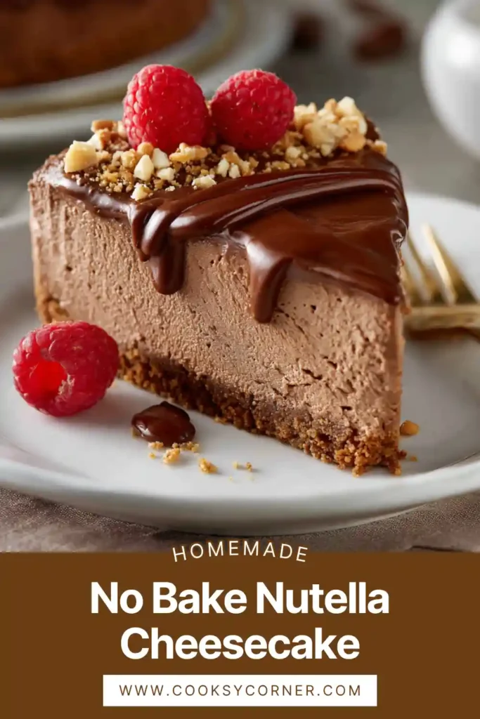 Close-up of a slice of No Bake Nutella Cheesecake with glossy topping and crunchy hazelnuts. Perfect creamy dessert presentation.