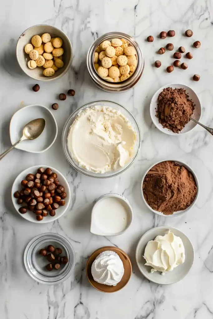 Side view of layered Nutella cheesecake showing biscuit base and creamy filling. Rich and indulgent no bake dessert.