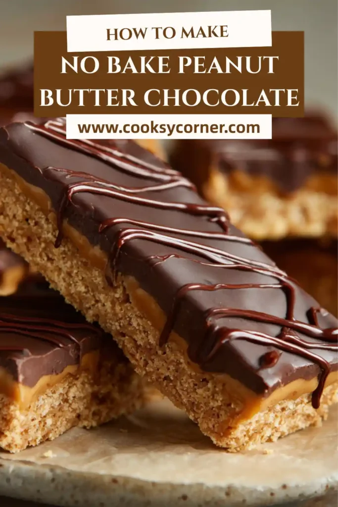 No bake peanut butter chocolate bars sliced into squares with smooth chocolate topping and creamy peanut butter base.