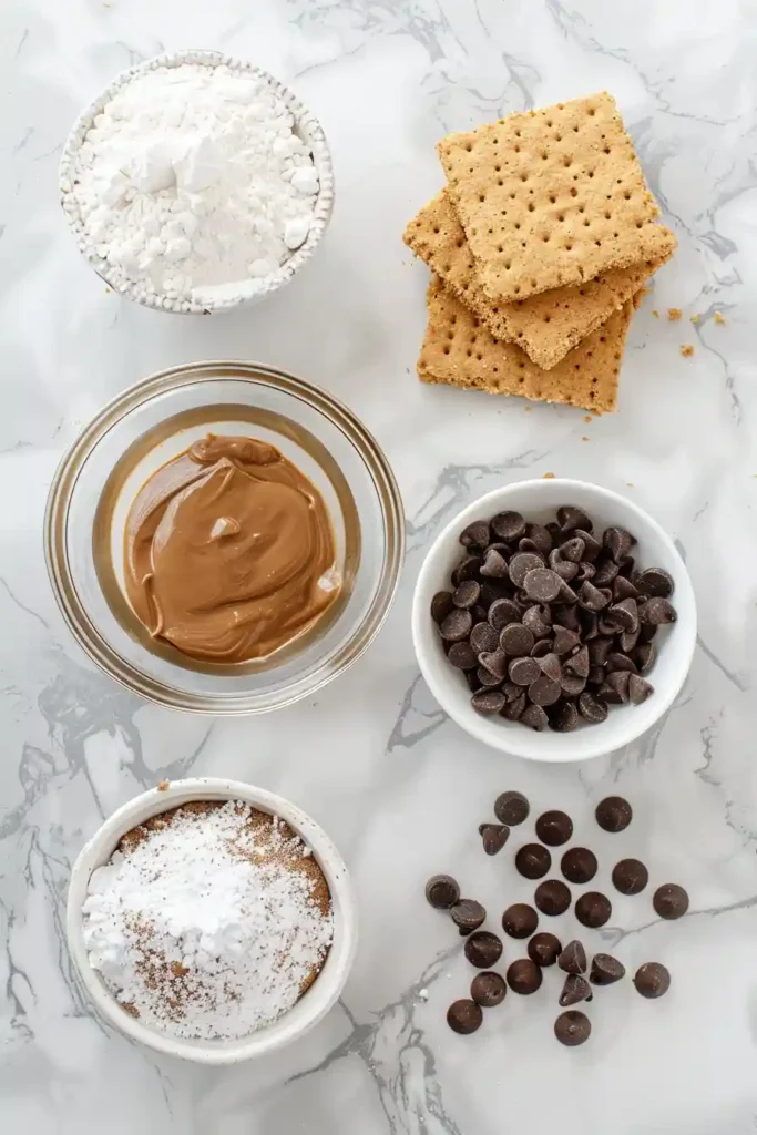 Easy no bake peanut butter chocolate squares arranged neatly for serving.
