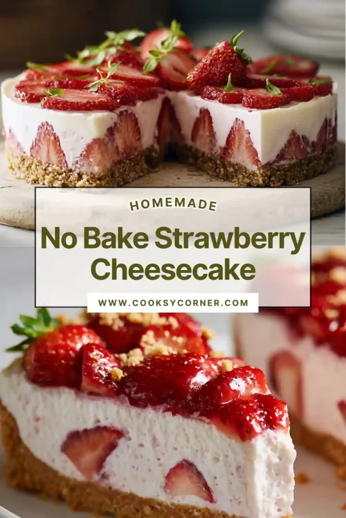 Slice of no-bake strawberry cheesecake showing layers of creamy filling and crunchy base. Fresh strawberries decorate the top beautifully.