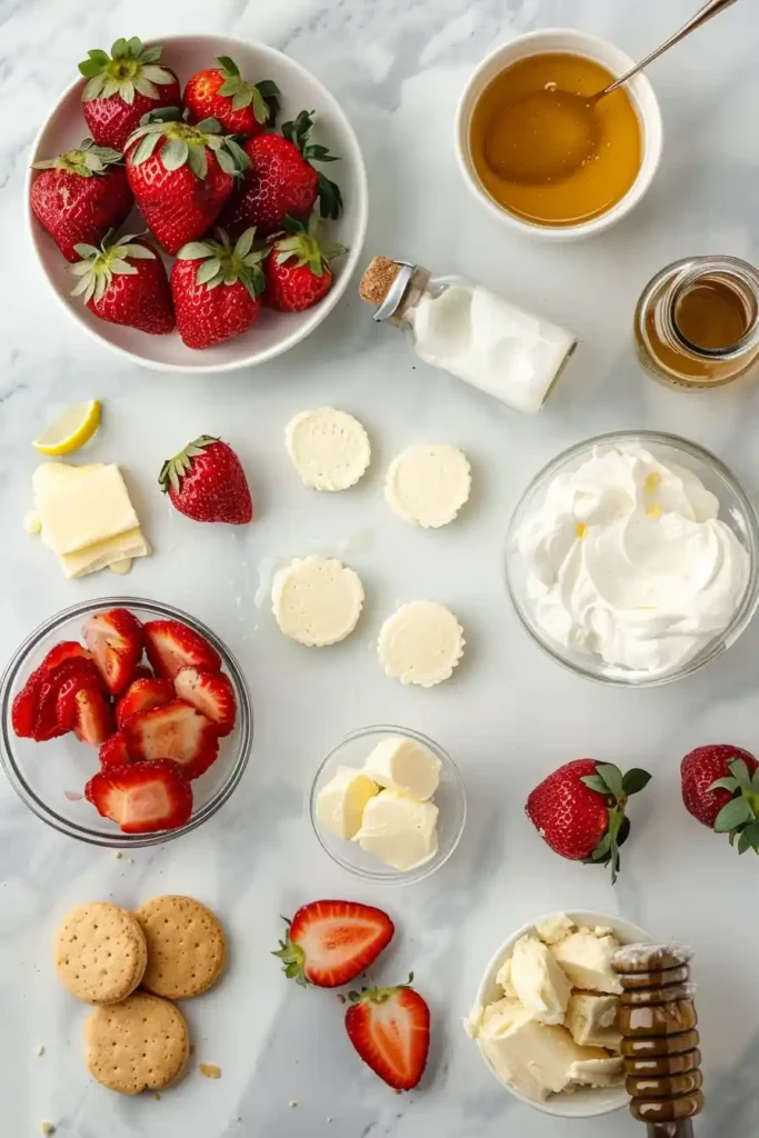 Close-up of a rich and creamy strawberry cheesecake with fresh berries and buttery biscuit base. Ideal summer dessert look.
