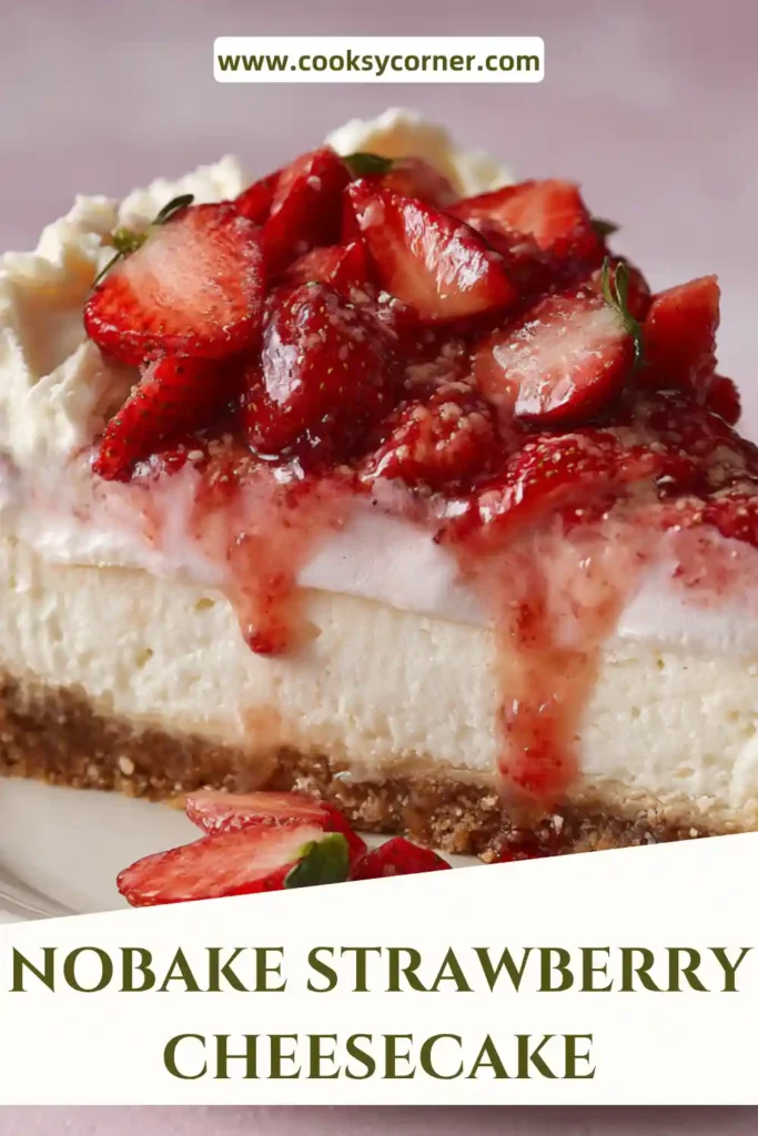 A creamy no-bake strawberry cheesecake topped with fresh strawberries on a golden biscuit crust. The smooth texture and vibrant fruit make it visually appealing.