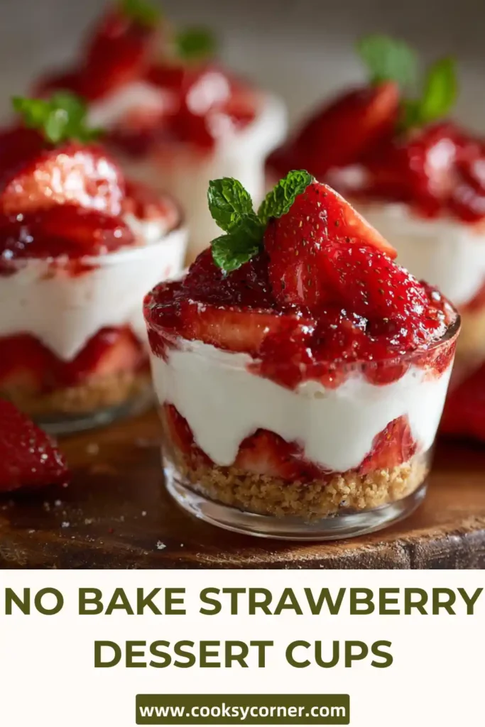 Fresh strawberry parfait cups with fluffy cream layers in clear glasses, perfect for a quick dessert.