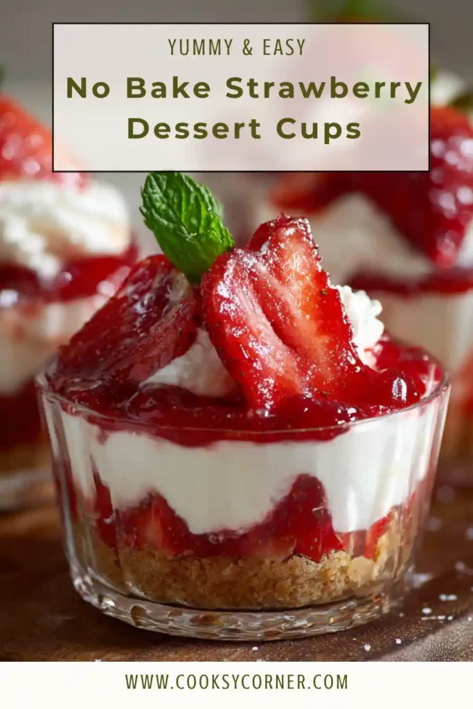 Close-up of strawberry dessert cups topped with whipped cream and mint leaves. Easy no bake sweet treat.