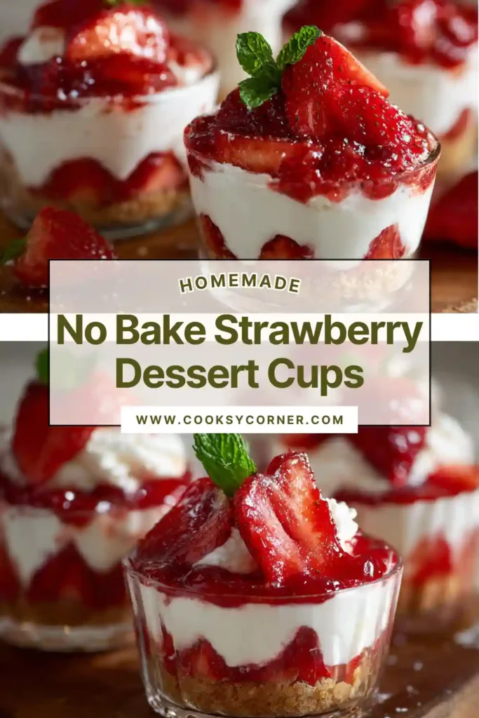 Layered no bake strawberry dessert cups with whipped cream and fresh strawberries in glass cups. Light and creamy summer dessert.