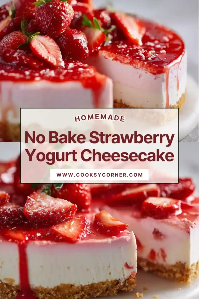 Homemade no bake cheesecake with yogurt and strawberries, chilled and ready to serve.