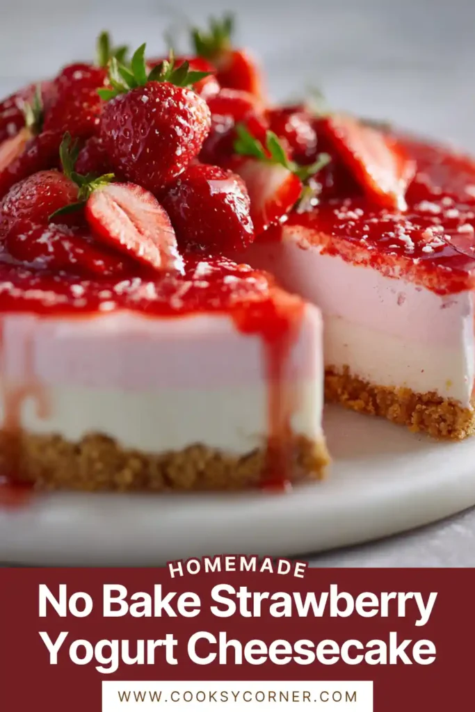 Slice of strawberry yogurt cheesecake showing smooth filling and buttery base with fresh strawberry topping.