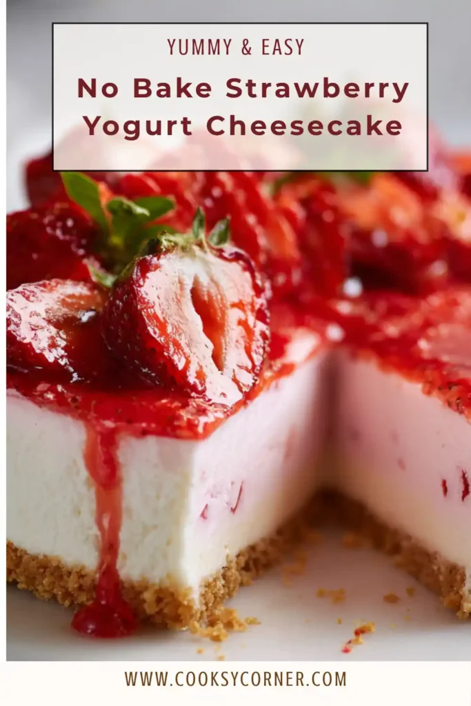A creamy no bake strawberry yogurt cheesecake topped with glossy strawberry sauce and fresh berries on a biscuit crust.