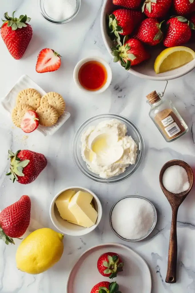 Close-up of a creamy strawberry yogurt cheesecake with vibrant red topping and crumbly biscuit base.