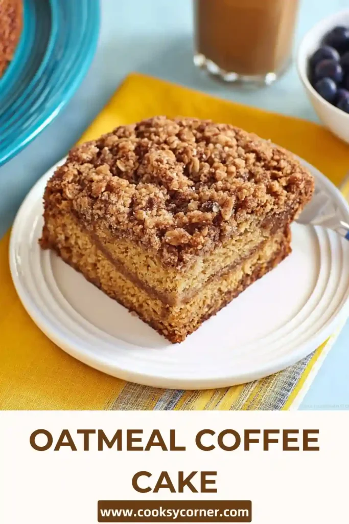 Homemade oatmeal coffee cake served in squares with golden brown edges and nutty topping. Perfect breakfast treat.