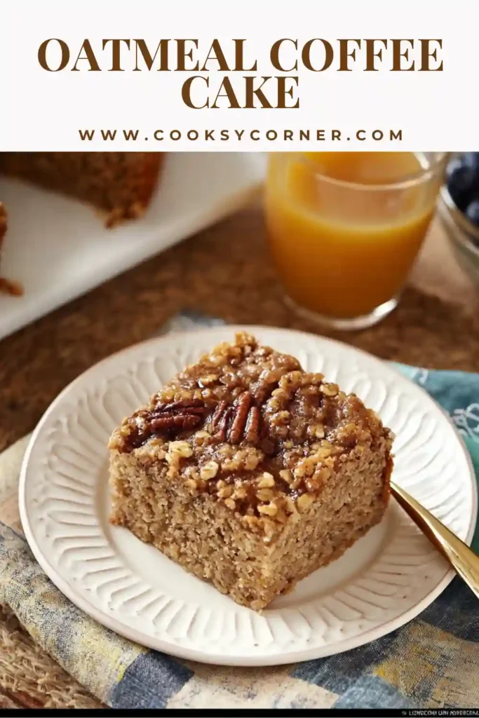 Close-up of a slice of oatmeal coffee cake showing fluffy crumb and crunchy pecan topping with warm spices.