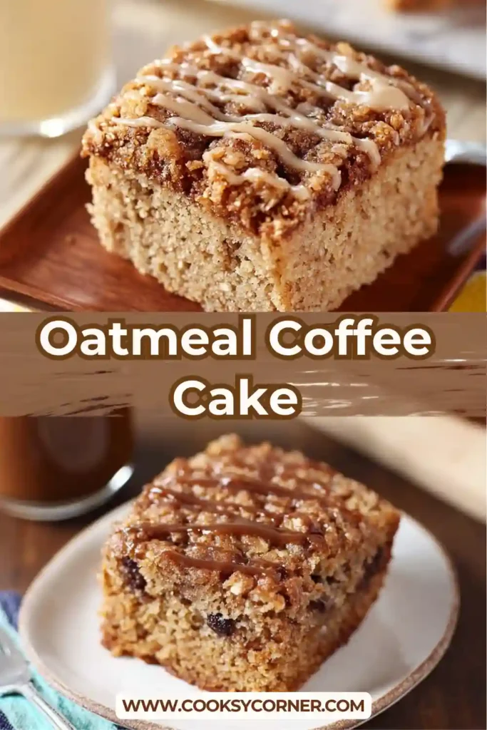 A freshly baked oatmeal coffee cake topped with pecans and cinnamon crumble in a square baking pan. The texture looks moist and soft inside.