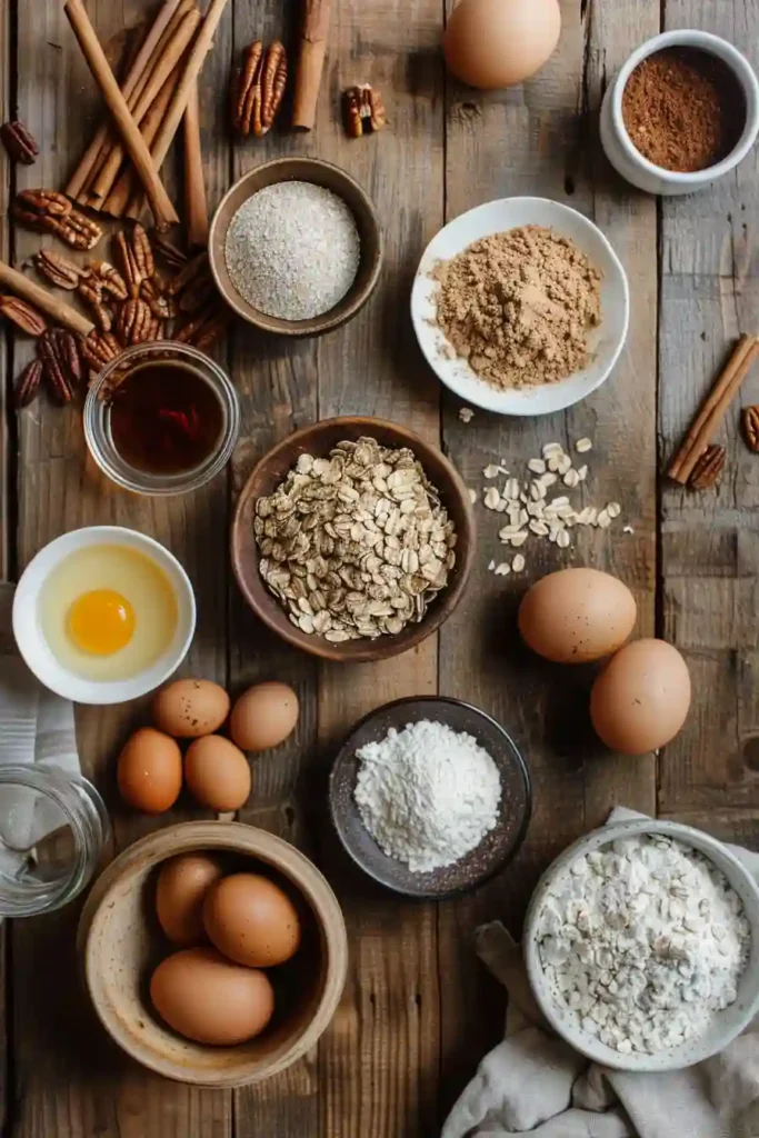 A rustic oatmeal coffee cake with cinnamon and pecans, sliced and ready to serve on a wooden table.