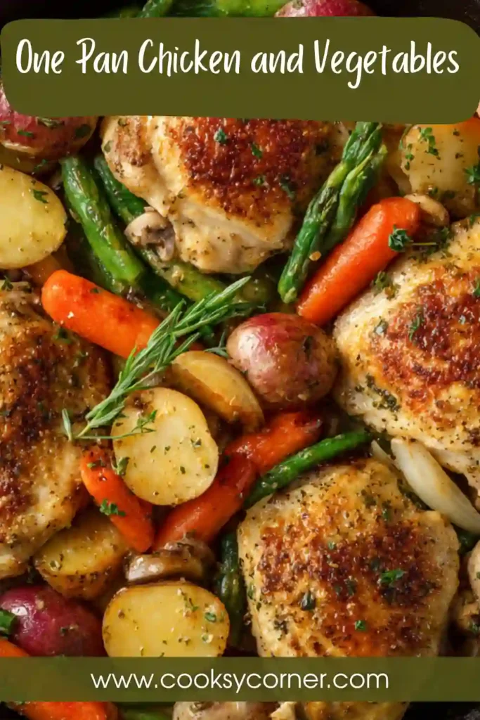 Close-up of one pan chicken and vegetables with juicy chicken and tender roasted carrots and potatoes.