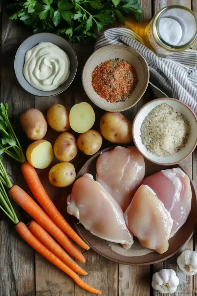 Freshly baked sheet pan chicken dinner garnished with parsley, featuring crispy coating and roasted vegetables.