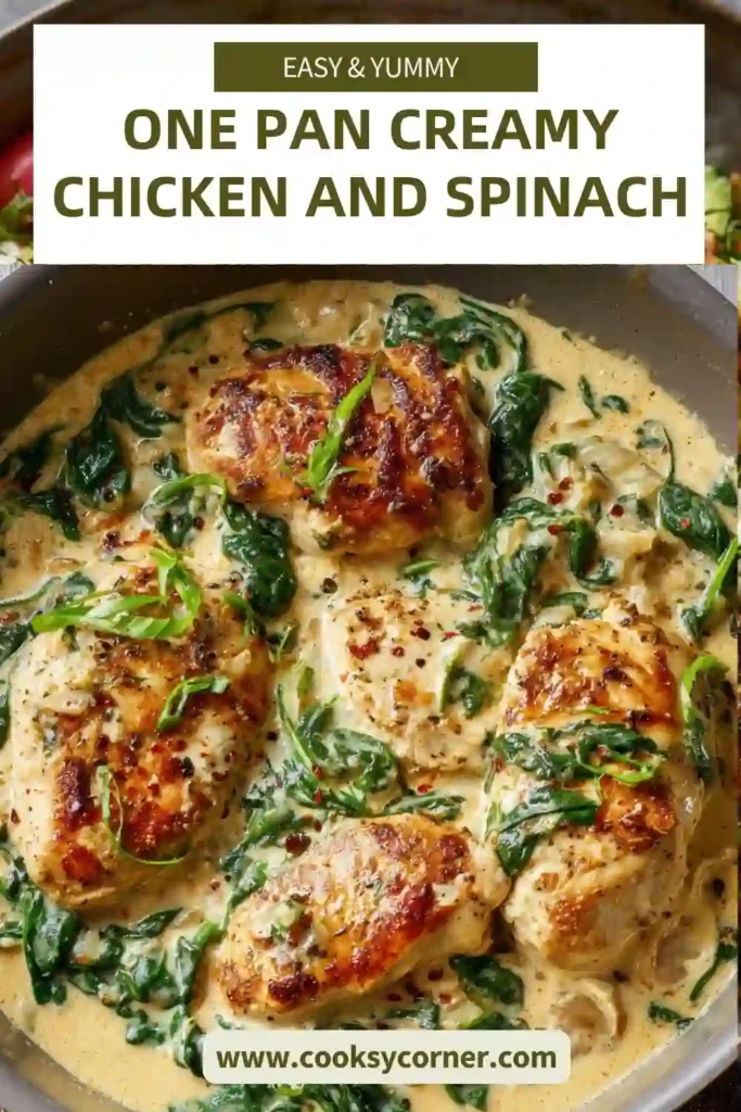 Skillet chicken in creamy spinach sauce garnished with basil, perfect dinner recipe.