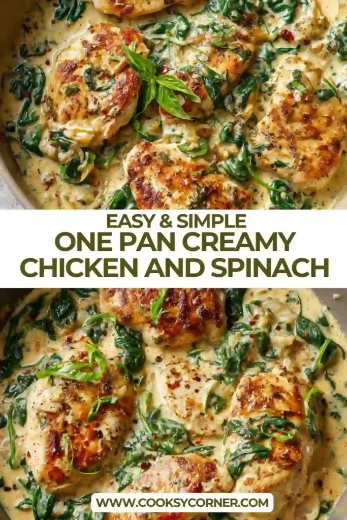 Creamy chicken with spinach and sun-dried tomatoes in a pan, showing thick garlic sauce.