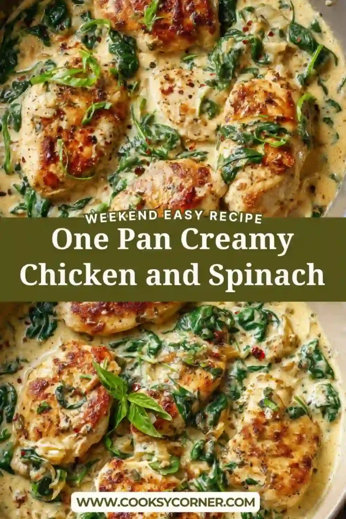One-pan creamy chicken and spinach in a skillet with rich sauce and tender chicken pieces.