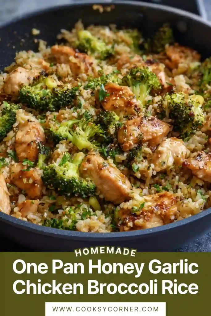 One pan honey garlic chicken with broccoli and rice in a skillet.