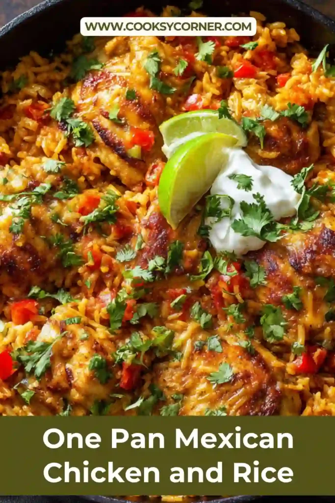 A skillet filled with Mexican chicken and rice, garnished with avocado and tomatoes.