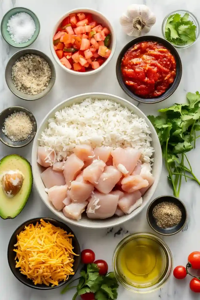 Cheesy chicken and rice dish cooked in one pan with visible spices and herbs.