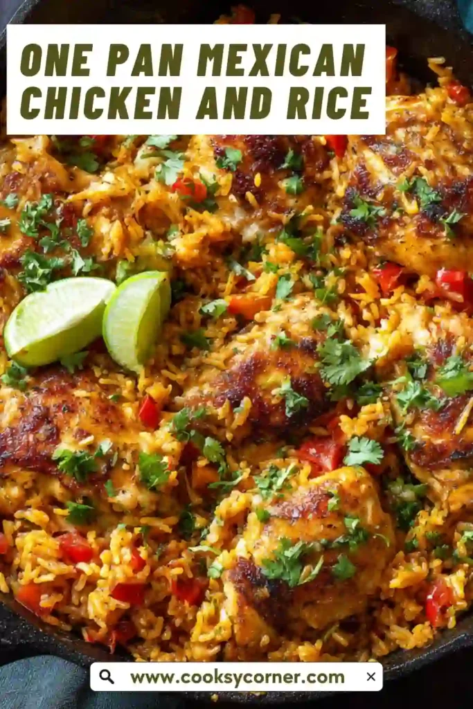 One-pan Mexican chicken and rice in a skillet topped with melted cheese and fresh cilantro.