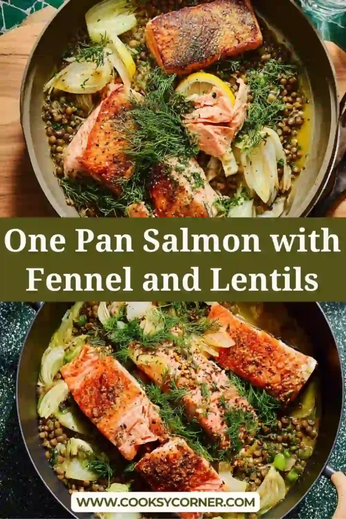 Close-up of flaky salmon resting on a bed of lentils, peas, and fennel, showing texture and rich color.
